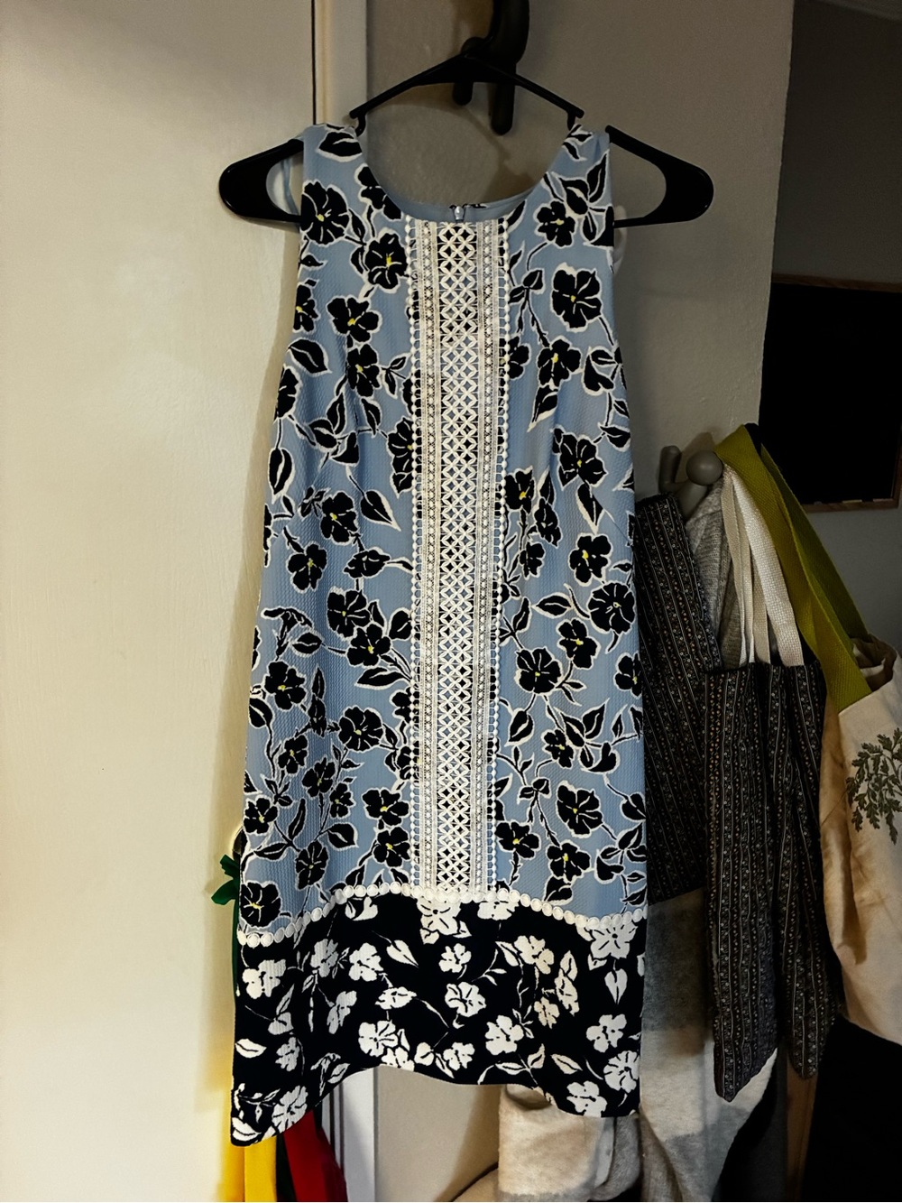 Eliza J Light Blue and Black Floral Midi Dress with Lace Trim